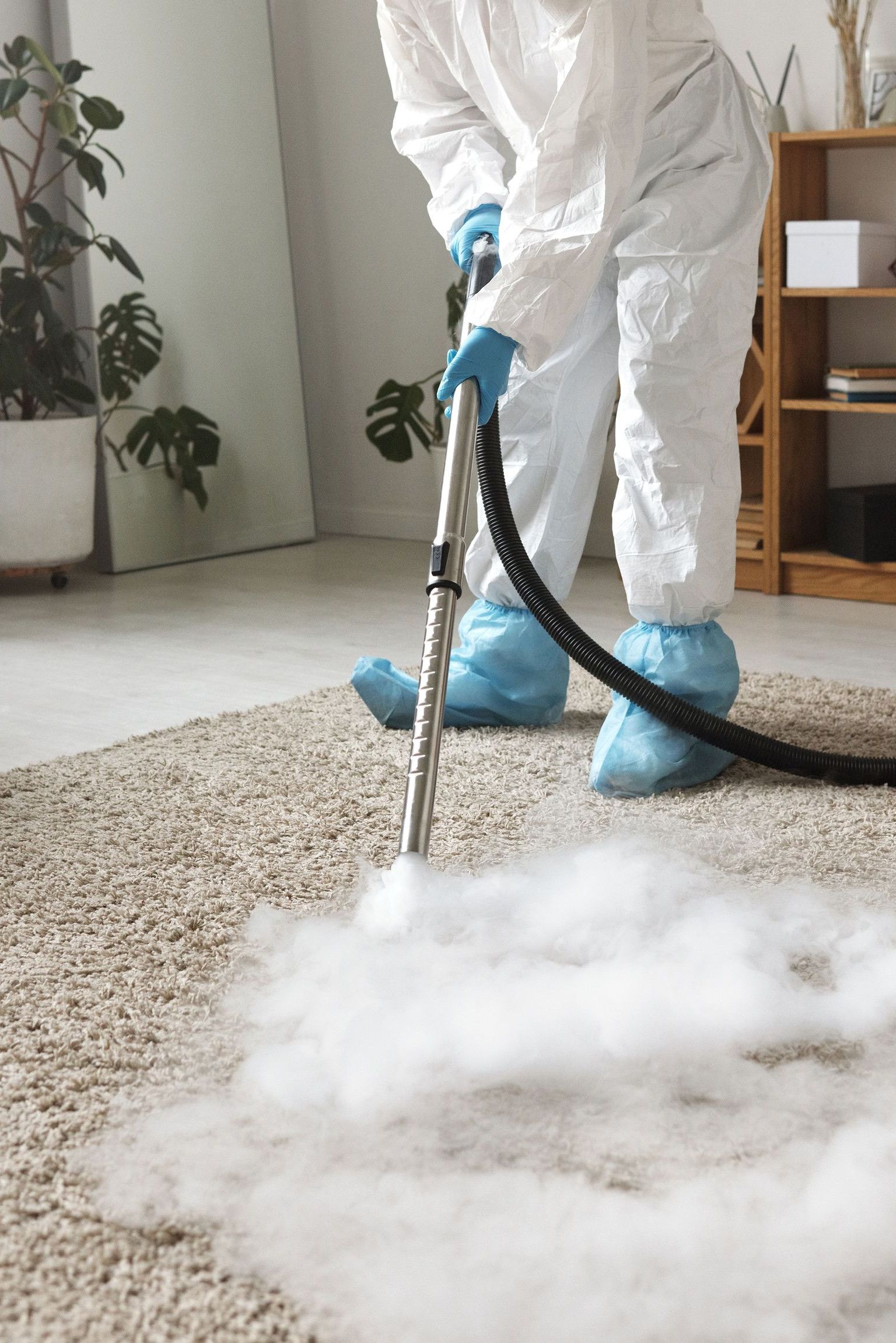 A person in protective gear disinfecting a carpet with a fumigation device indoors.